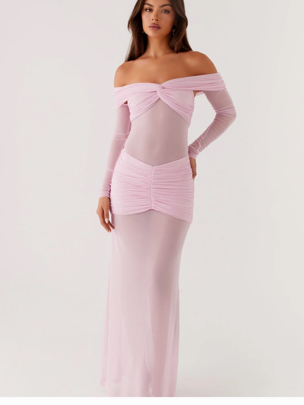 Peppermayo Off-Shoulder Light Pink Mesh Maxi Dress